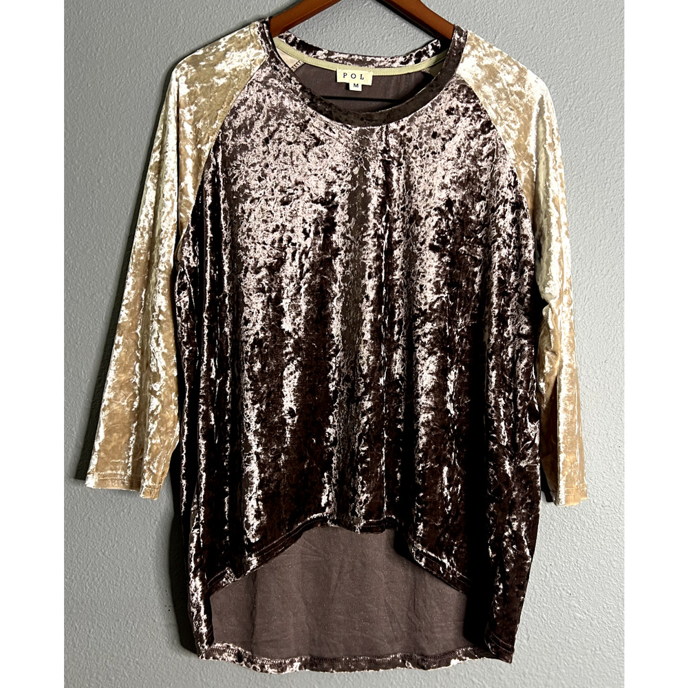 POL Size Medium‎ Crushed Velvet Colorblock Brown & Cream Shirt Tunic Fairy Boho